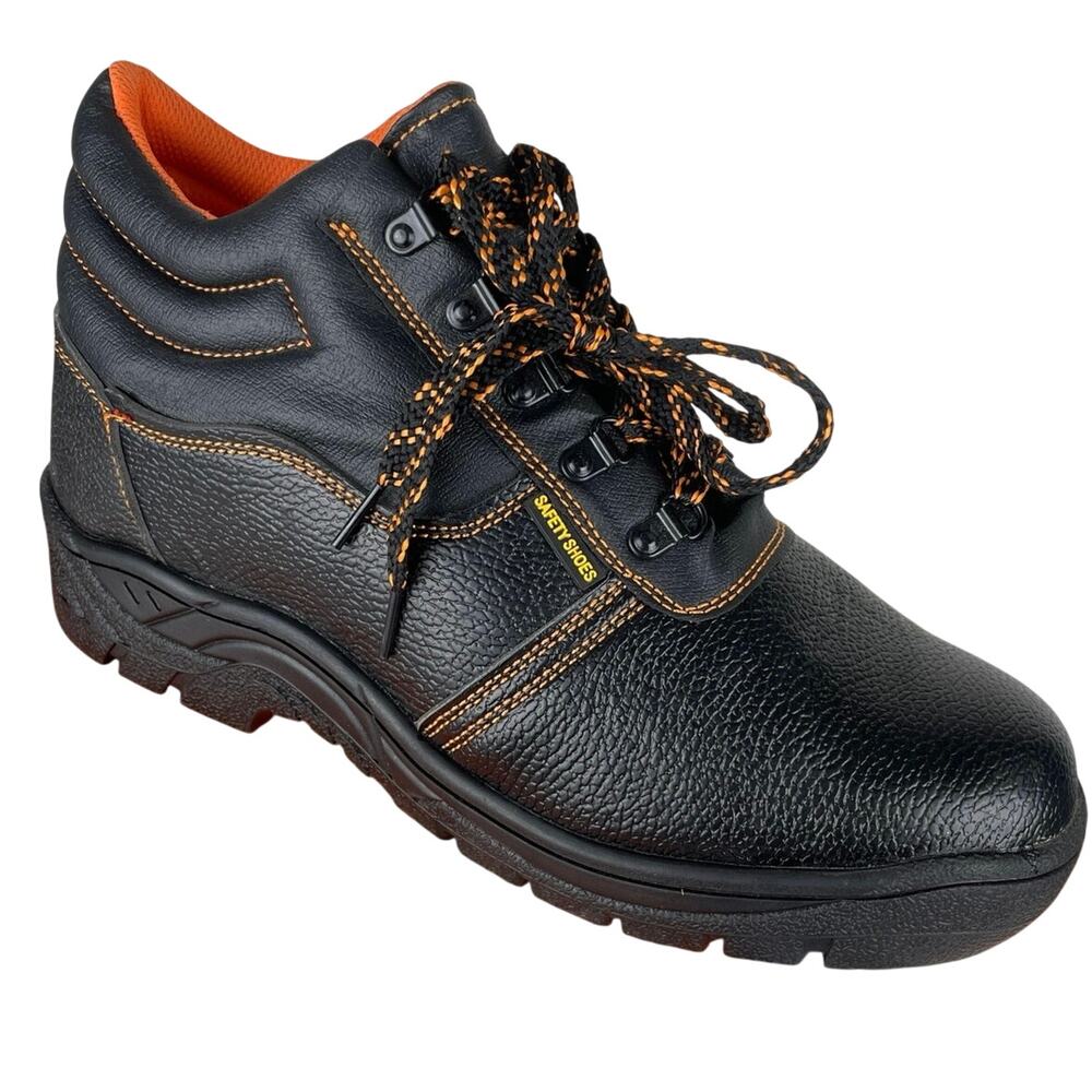 Safety Steel Toe Mens Work Boots Black Orange Padded Collar Anti Slip NIB 46/ 13
